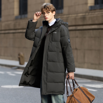 唐狮2025冬季男连帽中长款羽绒服保暖连帽百搭时尚灰色羽绒外套