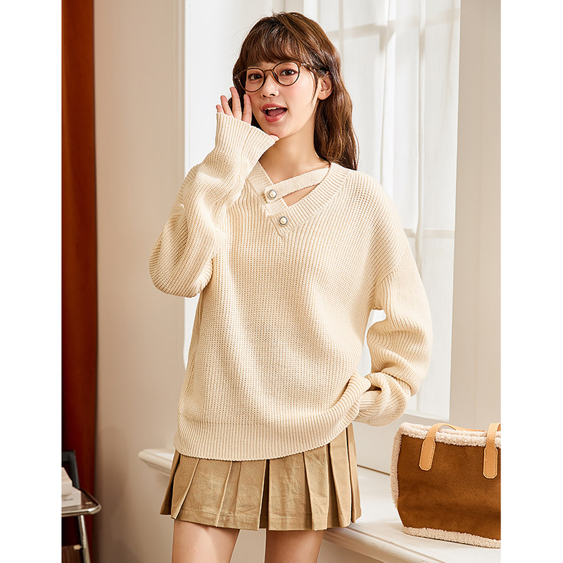 唐狮2024新款秋冬毛衣女V领镂空慵懒高级感小众设计感毛针织衫