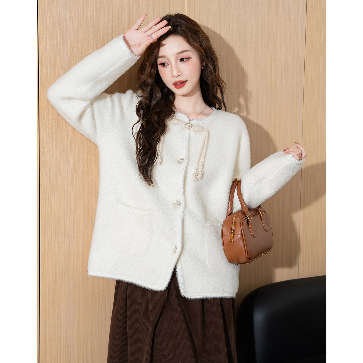 唐狮2024新款秋冬毛衣开衫女国风新中式针织外套珍珠盘扣毛线衫