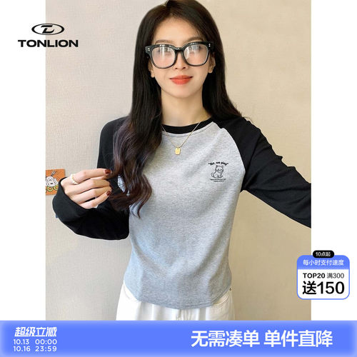 唐狮韩系辣妹复古修身短款插肩长袖T恤女春秋撞色猫咪印花打底衫