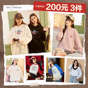 唐狮新款 3件 女卫衣圆领卡通印花上衣宽松休闲设计感外套 200元