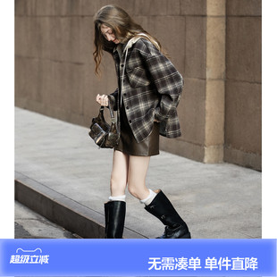 唐狮秋冬长袖衬衫女休闲连帽短款外套式格子休闲日常百搭流行