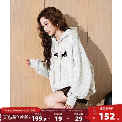 唐狮2025秋冬季女加绒连帽卫衣浅花灰卡通小狗印花设计感简约风