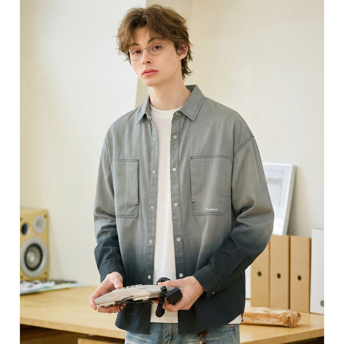 唐狮2026春季新款男渐变长袖衬衫休闲风工装痞帅男士上衣衬衫外套