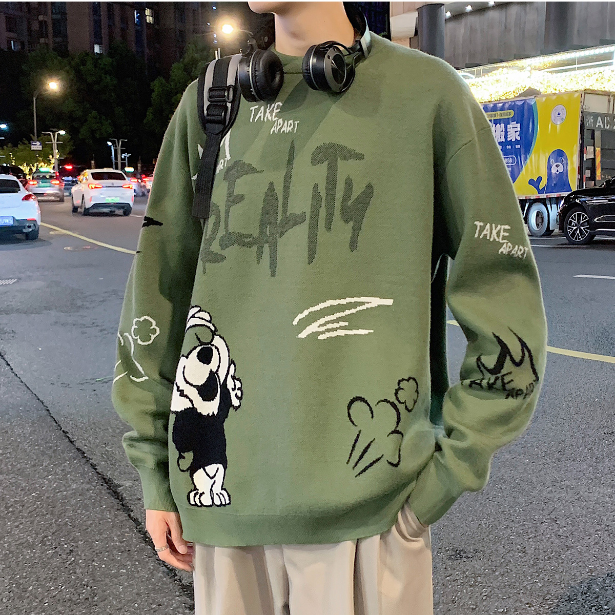 唐狮2025秋冬新款毛衣男生日系休闲韩版宽松圆领针织上衣趣味图案