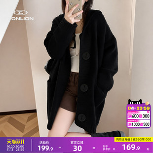 唐狮慵懒风女士针织开衫秋季中长款连帽毛衣大扣宽松遮肉外搭大衣