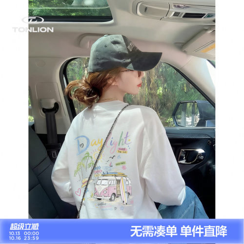 唐狮纯棉度假海岛风宽松圆领长袖T恤女春秋后背印花内搭打底上衣