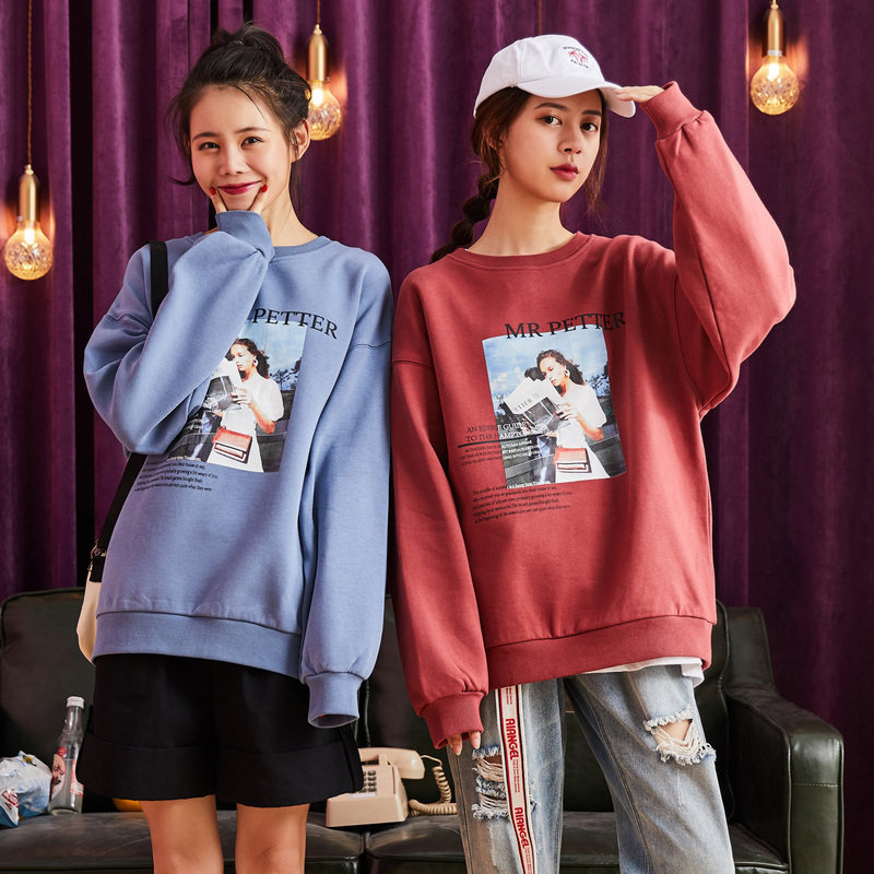 唐狮2020春秋新款女卫衣圆领大印花宽松时尚休闲韩版设计感小众