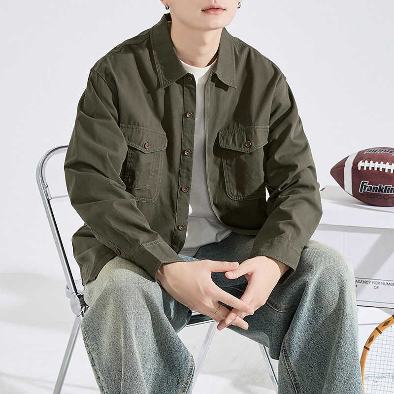 唐狮2024秋季新款长袖衬衫男翻领简约工装衬衫口袋日系上衣外套潮