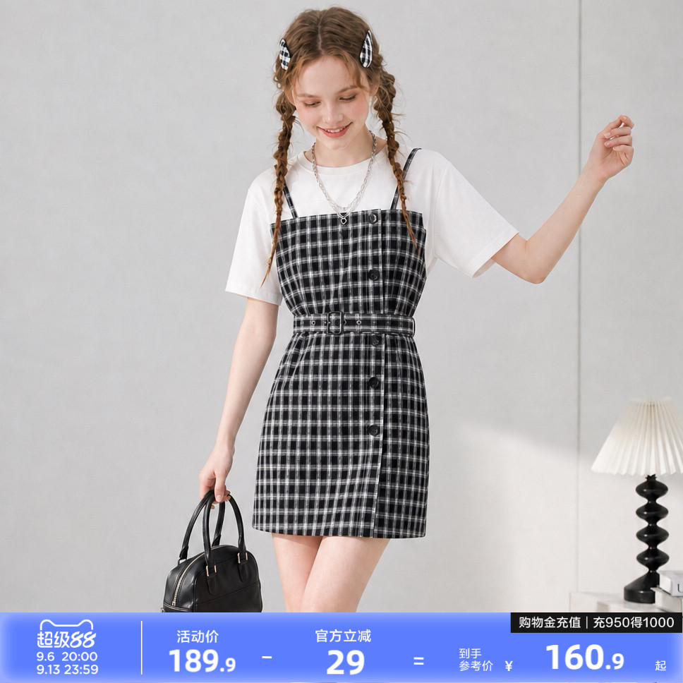 唐狮2026新款夏季女连衣裙格纹假两件淑女复古风气质【含腰带】