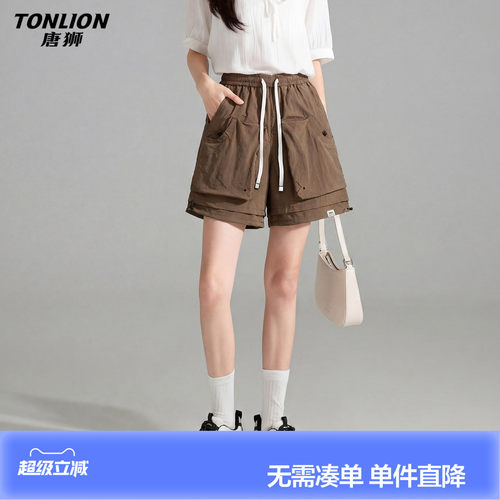 唐狮轻量美式复古简约风阔腿休闲短裤女夏季高腰小个子通勤松弛