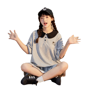 唐狮新款减龄洋气时尚套装女撞色polo领短袖T恤蛋糕短裙两件套cz