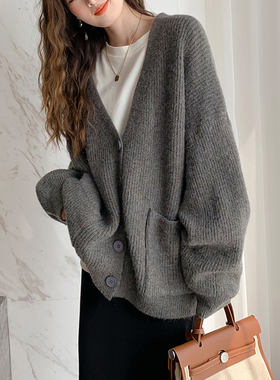 唐狮慵懒风简约V领开衫外套女新款春秋宽松灰色日系毛衣qd