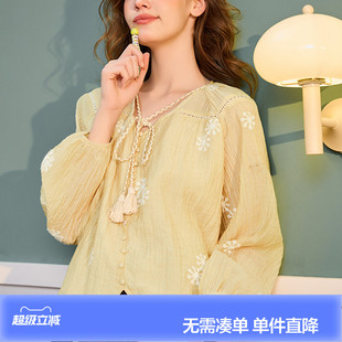 唐狮春季长袖衬衫女款2026新款V领黄色小众设计感洋气独特好看