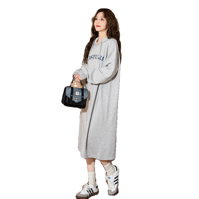 唐狮连帽加绒卫衣裙女长款连衣裙秋冬款宽松长袖针织裙休闲裙子y1