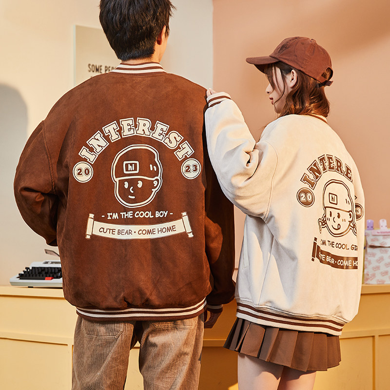 唐狮冬季新款情侣外套美拉德棒球服情侣装美式仿麂皮绒男女潮