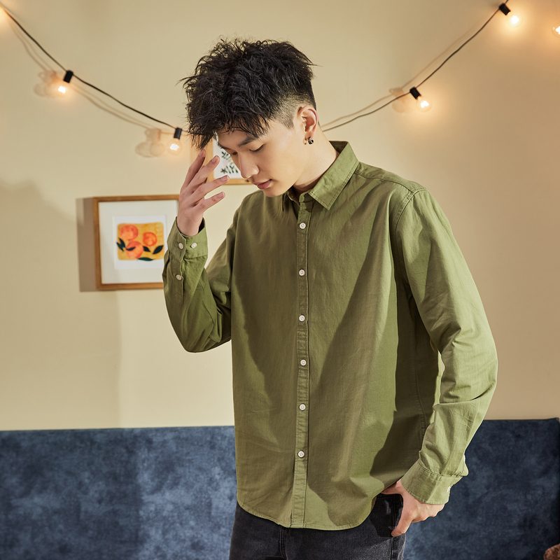 唐狮2020春秋新款港风日系长袖衬衫男士净色时尚休闲潮ins宽松