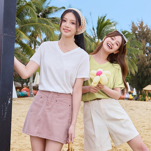 别致上衣 唐狮短袖 T恤女2025夏季 新款 通勤简约纯色V领宽松显瘦爆款