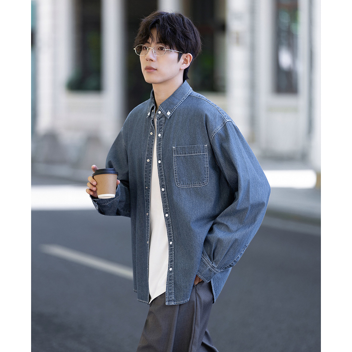 唐狮2026秋冬男士牛仔长袖衬衫钉扣领翻领外穿单口袋休闲时尚衬衫