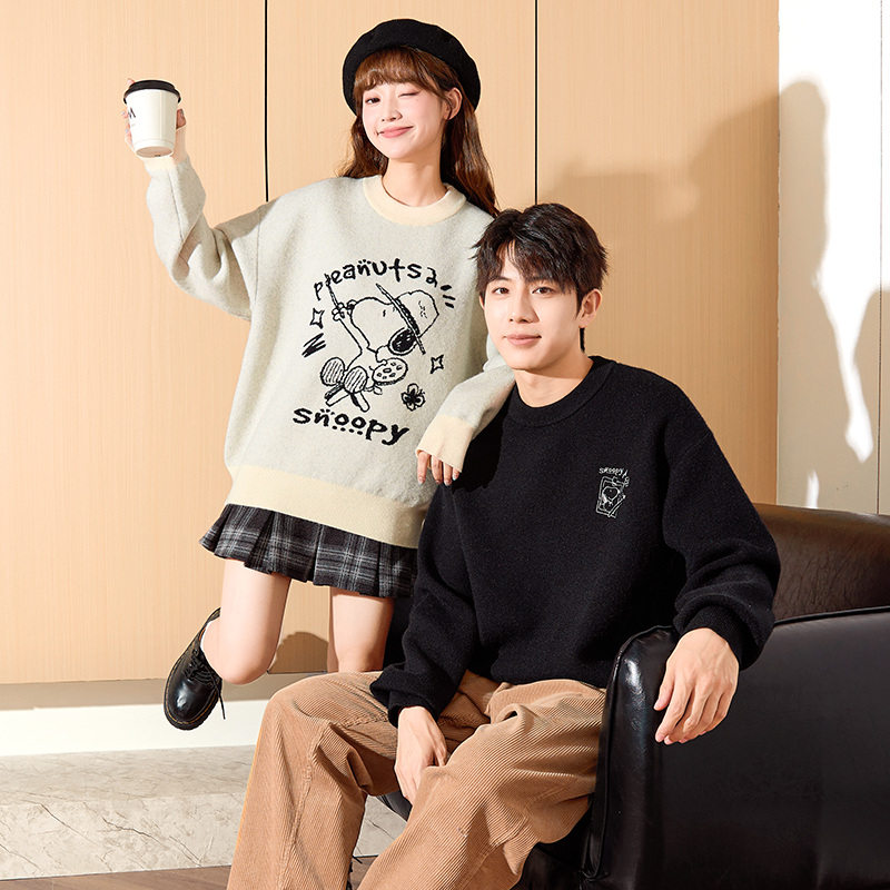 唐狮2024史努比情侣毛衣秋季新款线条图案提花圆领日系针织衫上衣