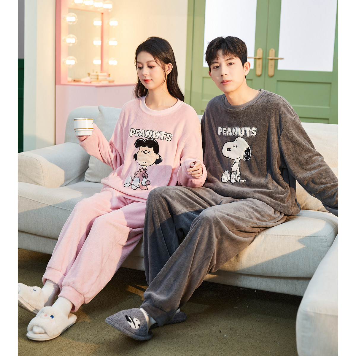 唐狮2024情侣睡衣女史努比联名加厚可外穿珊瑚绒套装家居服秋