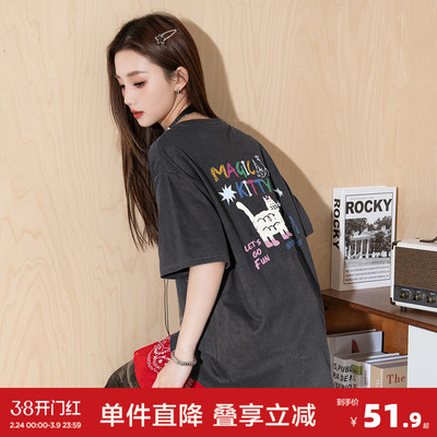 唐狮短袖T恤女2026新款独特印花宽松夏日ootd穿搭灰色宽松上衣