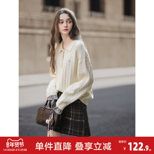 唐狮秋冬POLO毛衣女领袖口拼接毛线衫学院风上衣米白色针织慵懒风