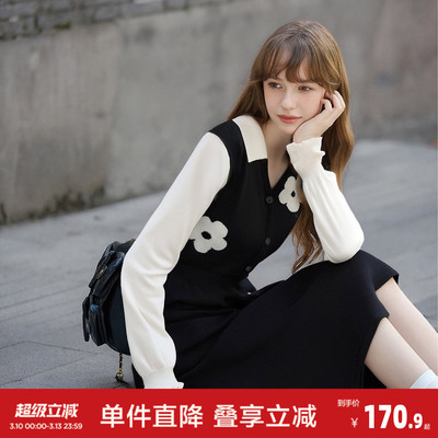 唐狮2026秋冬季连衣裙女V领假两件拼接长裙消化设计少女感温柔系