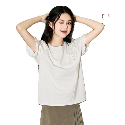 唐狮新款国风盘扣新中式圆领纯棉短袖T恤女夏别致漂亮上衣sz