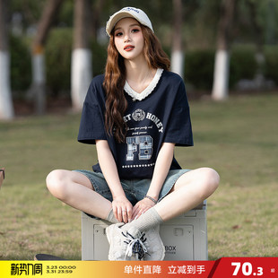 纯棉短袖 女装 格子设计感独特v领蕾丝T恤宽松上衣 夏季 唐狮新款