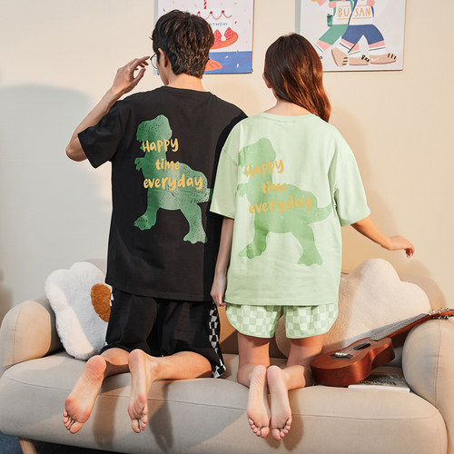新款宽松短袖情侣家居服套装唐狮