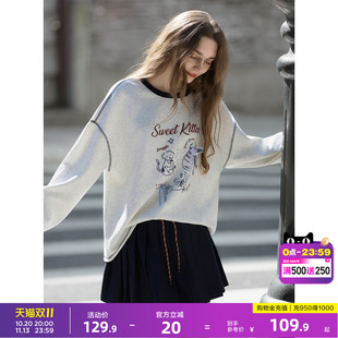 唐狮2026春秋冬季卫衣女圆领加绒加厚卡通印花宽松慵懒风设计时尚