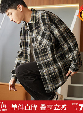 唐狮冬季新款长袖格子衬衫男黑色格子日系休闲宽松百搭男装衬衣潮