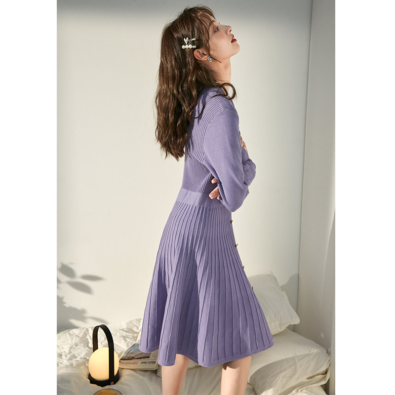 唐狮紫色v领连衣裙秋装长袖针织内搭打底裙毛衣裙秋季裙子长款X2