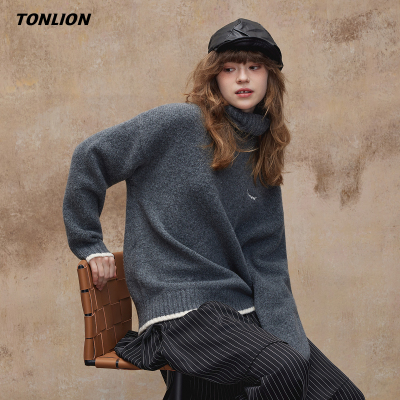 唐狮春季新款毛衣女2025高领灰色慵懒风高级感小个子宽松毛线衫