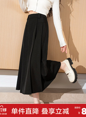 唐狮百褶裙长款a字裙女春季高腰西装裙黑色中长半裙小个子jcc