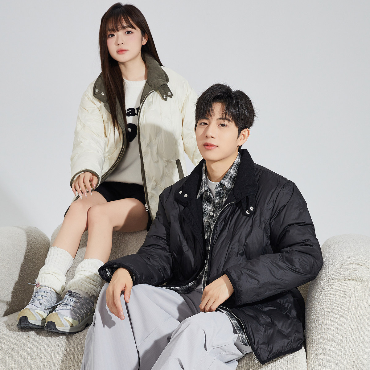 唐狮2024冬季情侣羽绒服立领灯芯绒拼块直充绒拉链羽绒服复古宽松