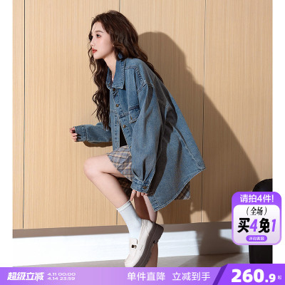 唐狮春秋新款牛仔衬衫女休闲内搭长袖衬衫学院风牛仔外套女TJ