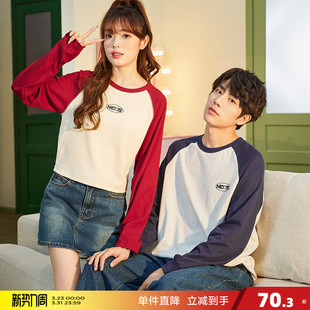 T恤男女插肩袖 唐狮春季 长袖 情侣装 拼接针织设计撞色打底上衣 新款