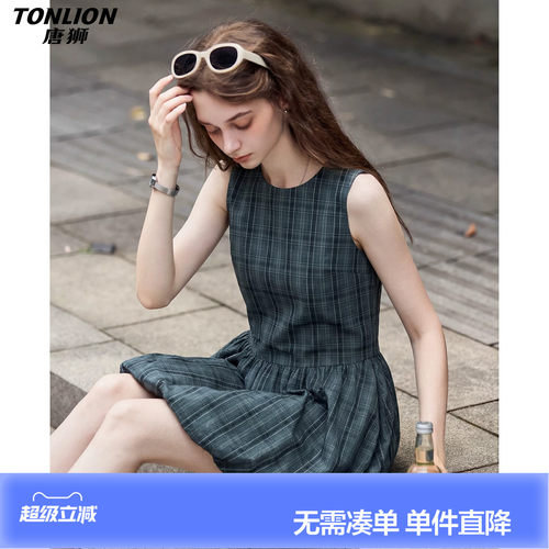 唐狮2026夏季新款女连衣裙花苞无袖藏青格纹好看少女韩系早春chic