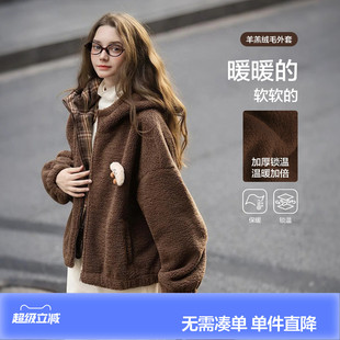唐狮春秋季加厚外套女短款仿羊羔绒外套棕色拼接格纹毛茸茸时尚