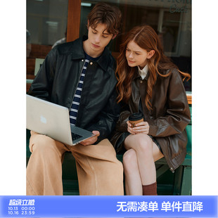 唐狮2026春秋季情侣仿皮衣外套男女夹克翻领皮衣酷潮情侣外套上衣