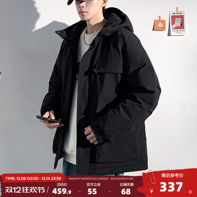 唐狮2025冬季新款男羽绒服黑色工装连帽加厚外套潮牌冲锋少年休闲