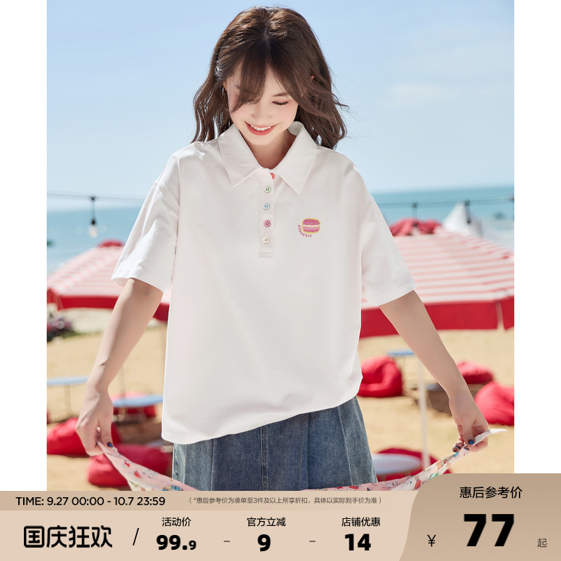 唐狮2025夏季新款polo衫短袖t恤女时尚纯棉白色短袖小个子女上衣