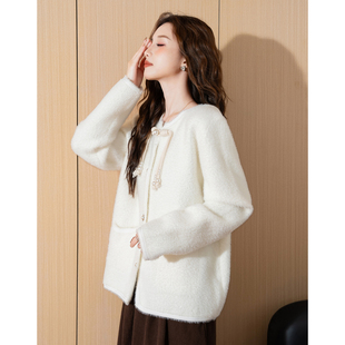 针织外套珍珠盘扣毛线衫 女国风新中式 秋冬毛衣开衫 唐狮2025新款