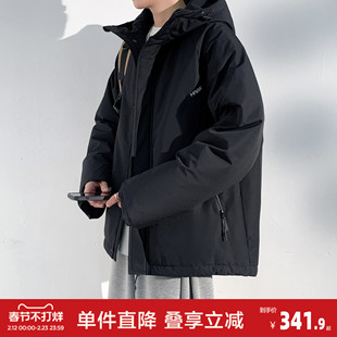 唐狮新款男士羽绒服连帽拉链短款黑色简约休闲厚外套宽松夹克