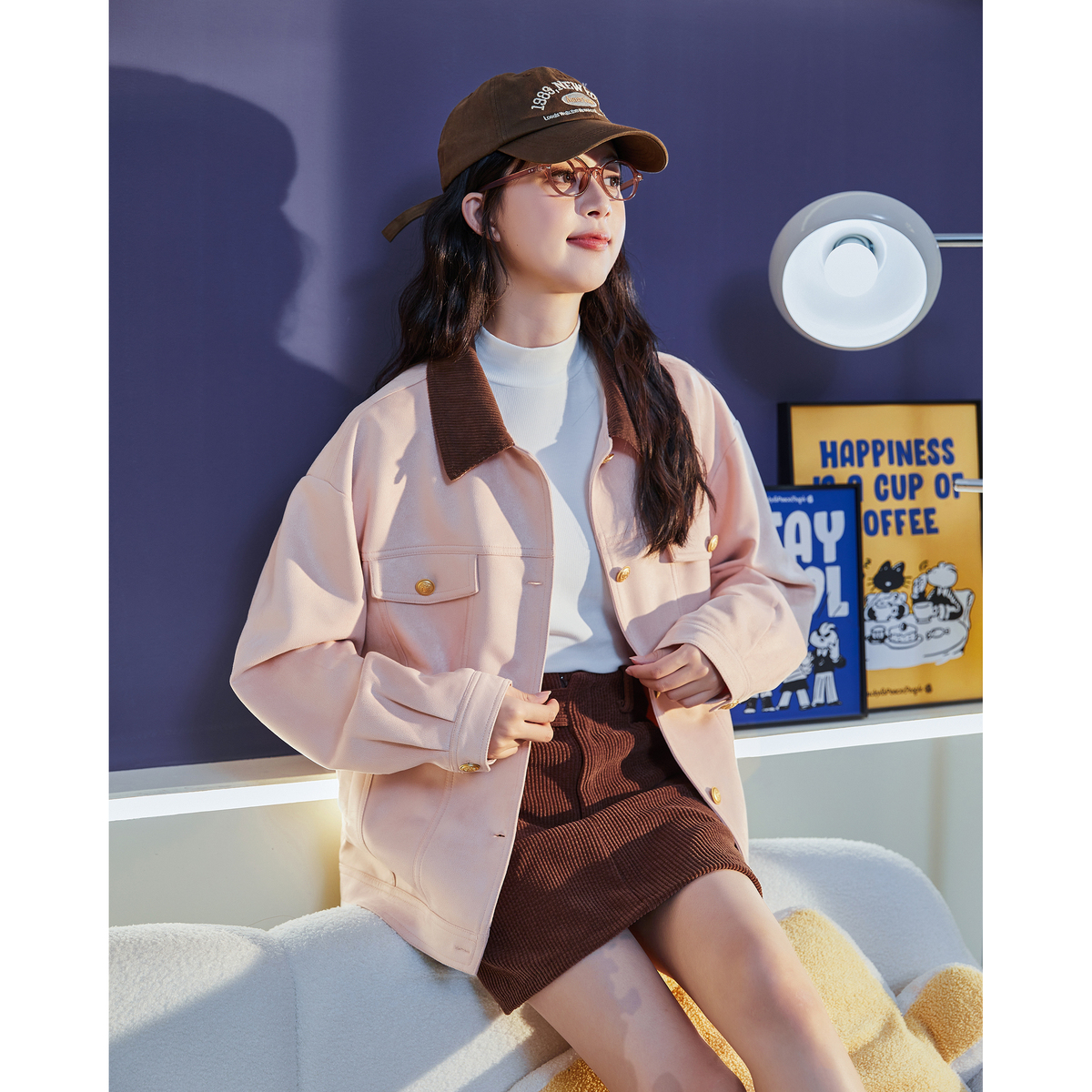 唐狮韩版撞色翻领宽松短款外套女