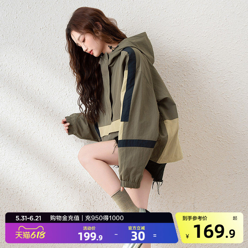 唐狮早春新款外套女连帽工装港风上衣chic撞色冲锋少年休闲k