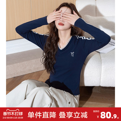 唐狮新款春季长袖T恤女V领花边减龄温柔风穿搭韩版慵懒休闲wp