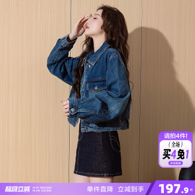 唐狮春秋新款女翻领短款夹克牛仔外套时尚潮流百搭早春外套TJ